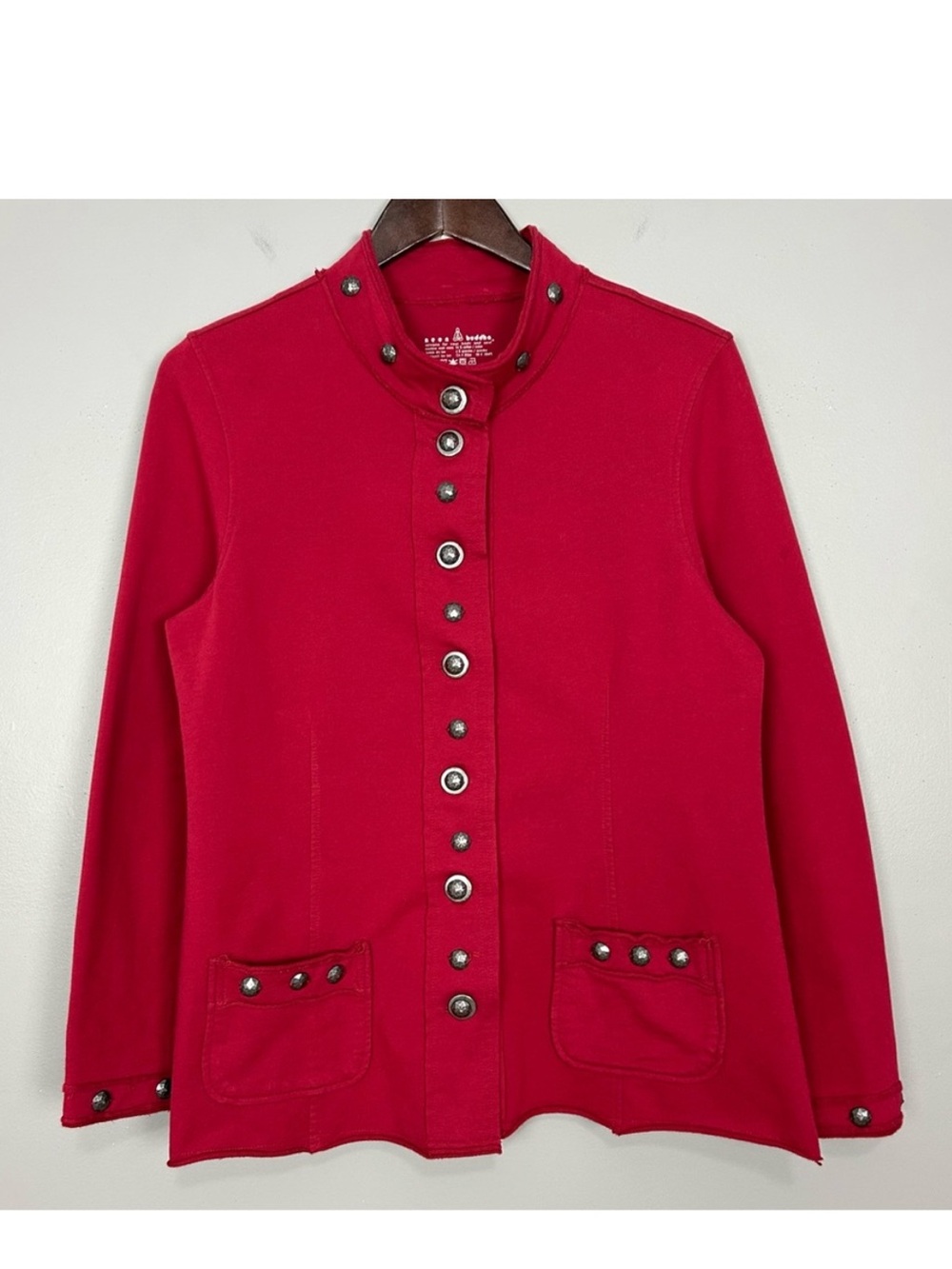 Neon Buddha Cotton Knit Jacket Women’s Size M Artsy Boho Mock Neck Pockets Red
